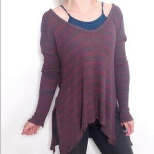 Free People Gray & Red Striped Waffle Knit Flowy Long Sleeve Raw Hem Tunic Top